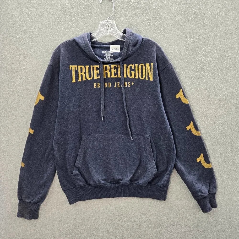 True Religion Men Sweatshirt Medium Blue Hoodie Logo Graphic Print Pullover